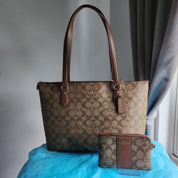 Coach NWT Gallery Signature Canvas Khaki/Saddle Tote, wristlet set, 4FER - Picture 1 of 11